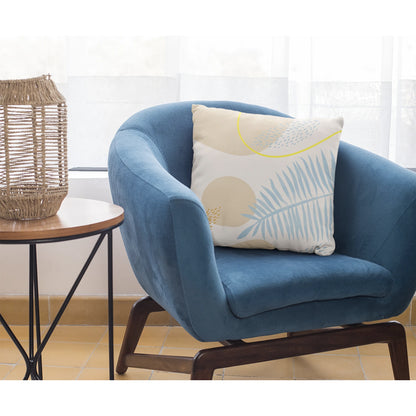 Yellow Pandora blue leaf cushion for home decor, showcasing four different sizes with vibrant leaf patterns and soft fabric.