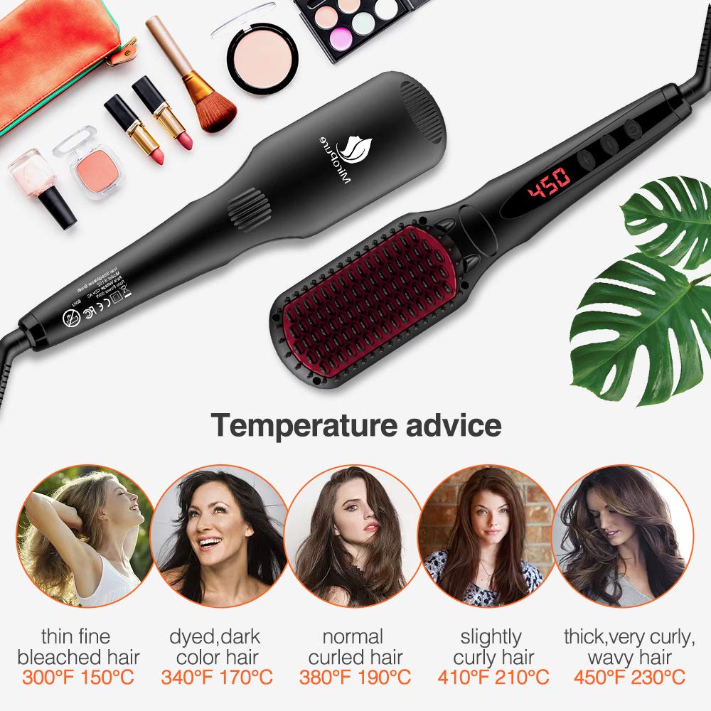 Lilac Milo Miropure Hair Straightener Brush with anti-scald design, showcasing its sleek black handle and ceramic bristles for smooth hair.