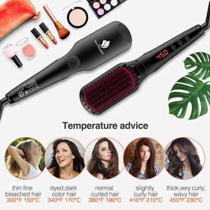 Lilac Milo Miropure Hair Straightener Brush with anti-scald design, showcasing its sleek black handle and ceramic bristles for smooth hair.