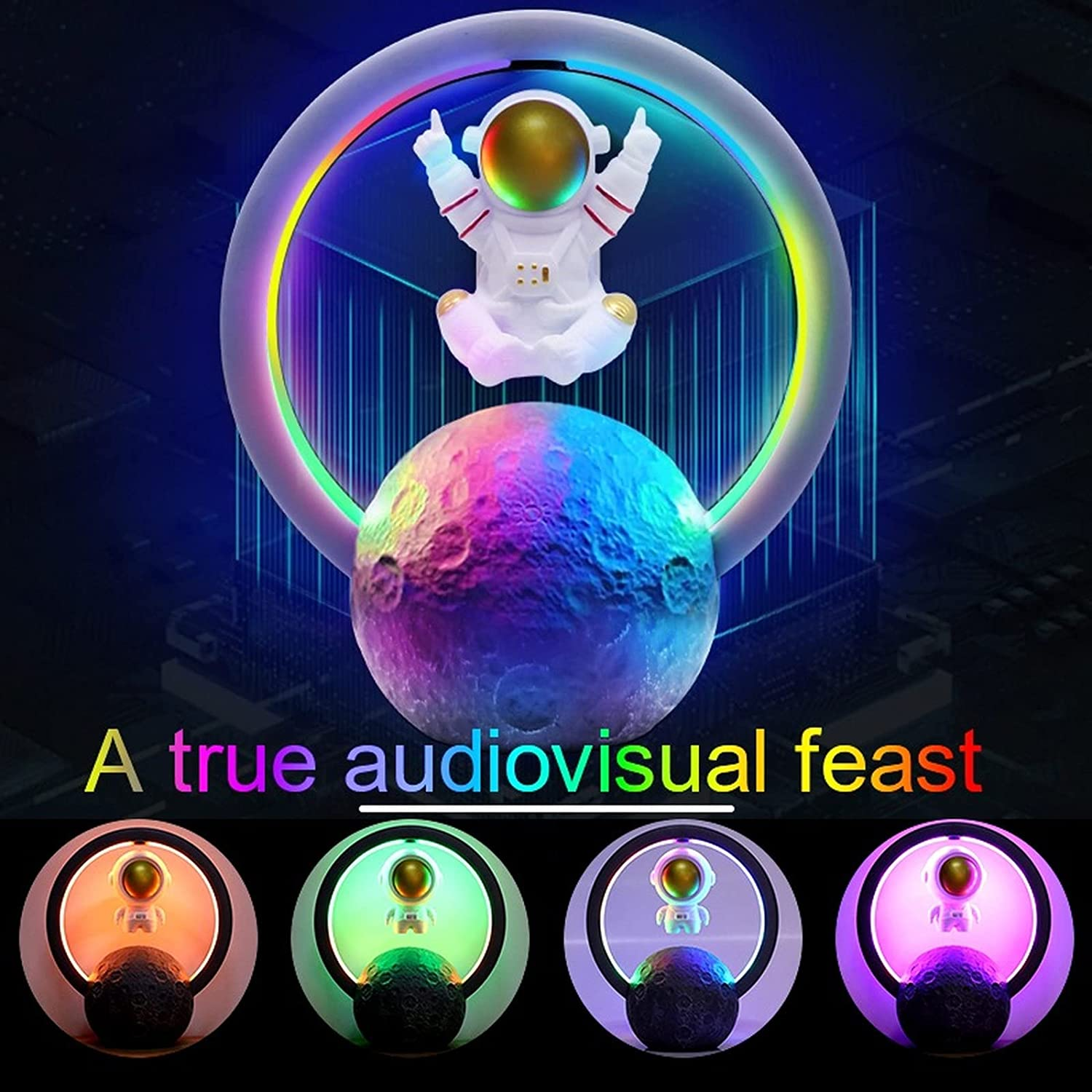 Lilac Milo Magnetic Levitation Astronaut Bluetooth Wireless Speaker floating with glowing lights, showcasing futuristic tech accessory design