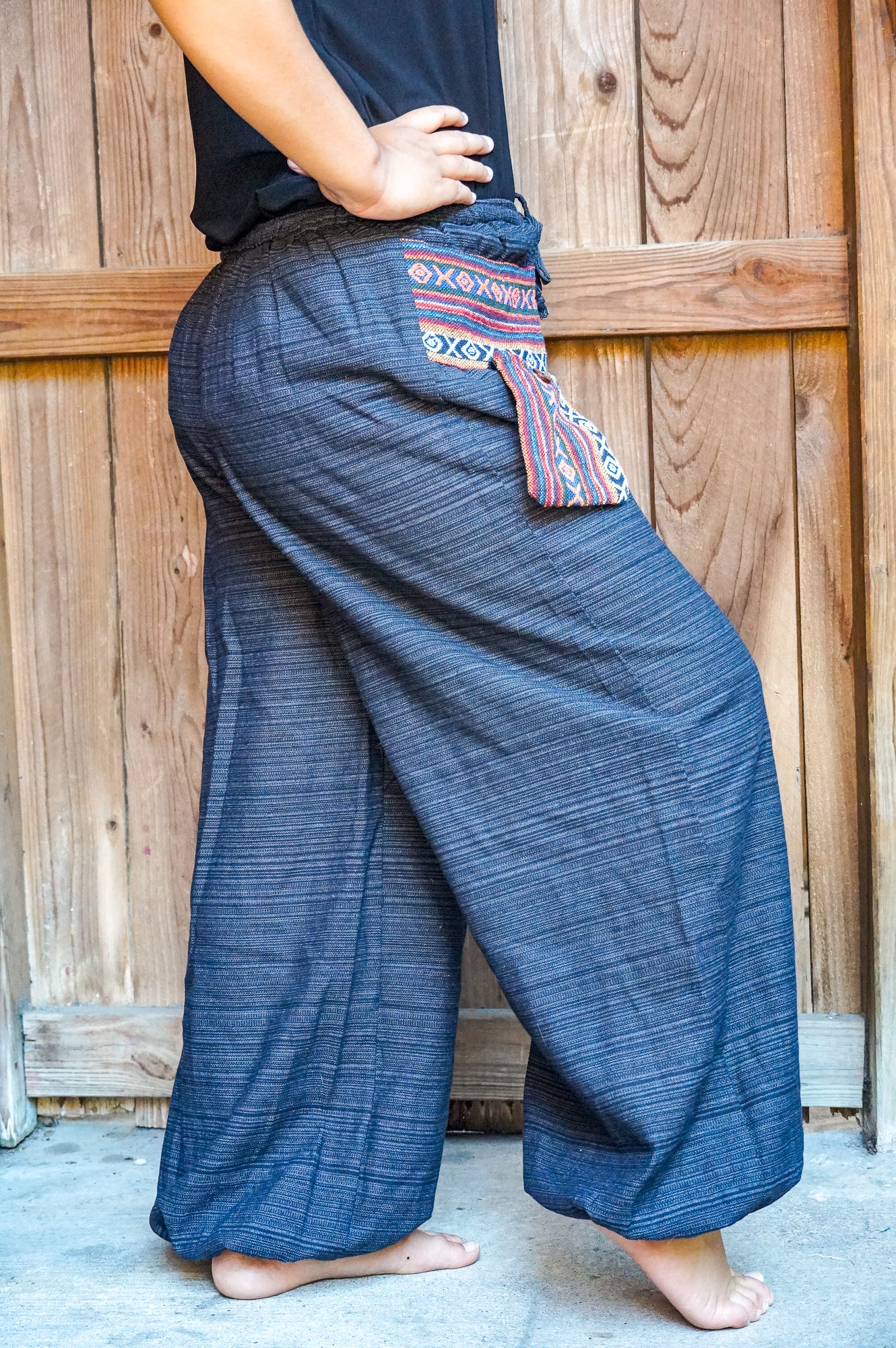 Tan Smokey cotton tribal boho pants for women with a relaxed, hippie style featuring colorful ethnic patterns and flowy fit.