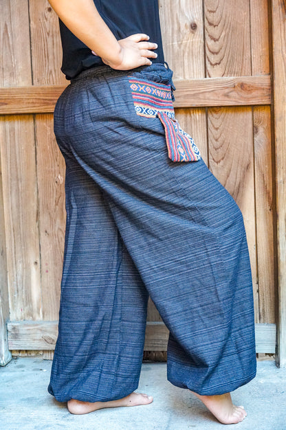Tan Smokey cotton tribal boho pants for women with a relaxed, hippie style featuring colorful ethnic patterns and flowy fit.