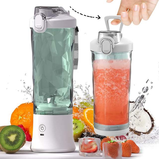 Lilac Milo 600ML waterproof electric juicer and fruit mixer bottle blender for home use, showing the blender with fruits inside.