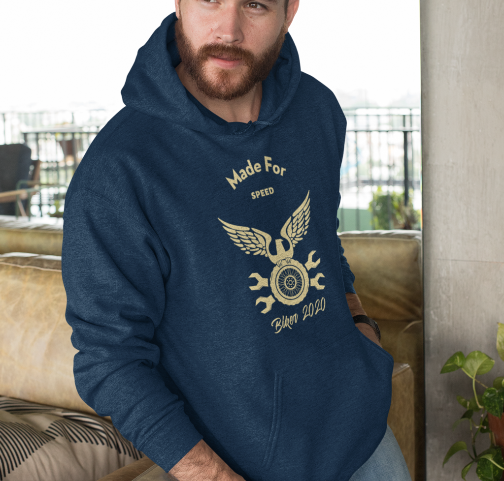 Yellow Pandora Made for Speed hoodie, a casual gray sweatshirt with a hood and front pocket, designed for comfort and style.