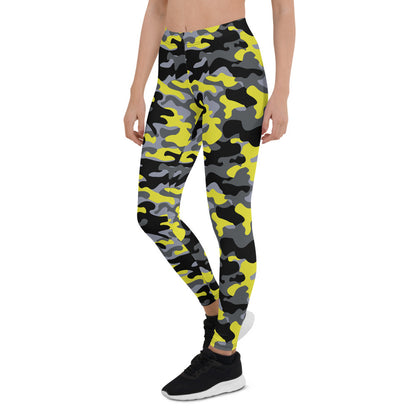 Yellow and gray camo leggings for women, Maroon Sooty activewear, featuring a fitted stretch design for workout and casual wear.