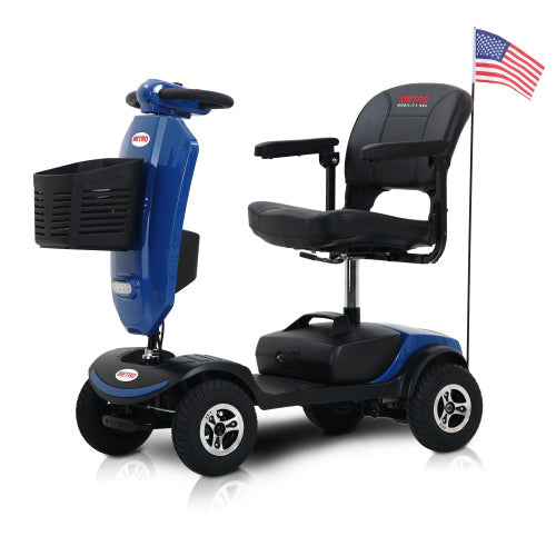 Teal Simba outdoor compact mobility scooter with windshield, designed for outdoor use, featuring a sleek small-frame design.