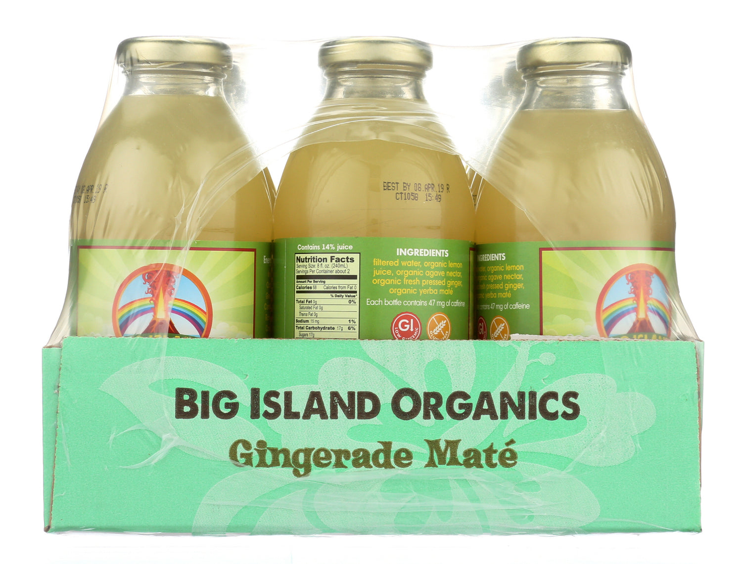 Plum Maple Gingerade Maté 16oz beverage bottles, 12-pack, featuring refreshing ginger and yerba maté flavor in clear plastic bottles.