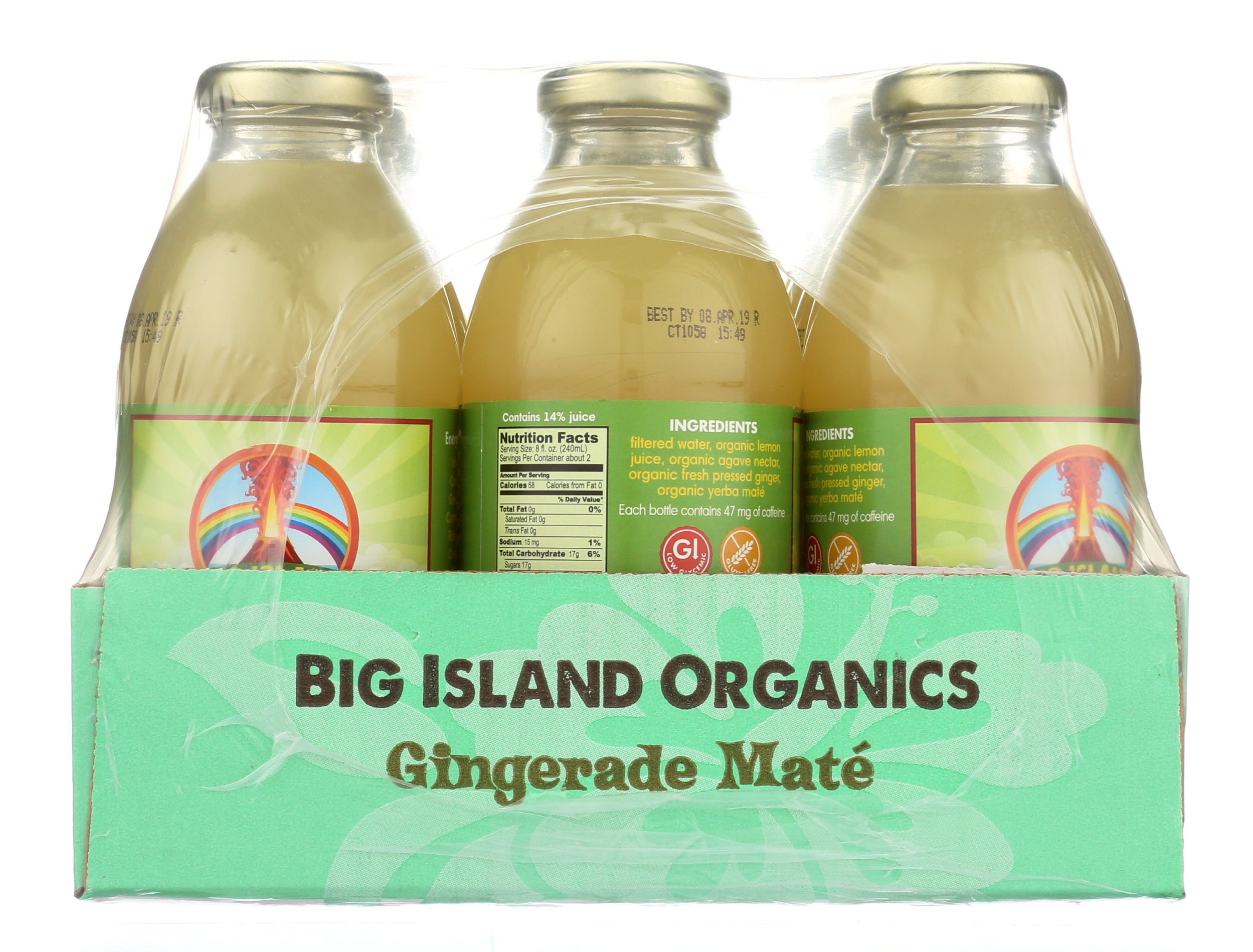 Plum Maple Gingerade Maté 16oz beverage bottles, 12-pack, featuring refreshing ginger and yerba maté flavor in clear plastic bottles.