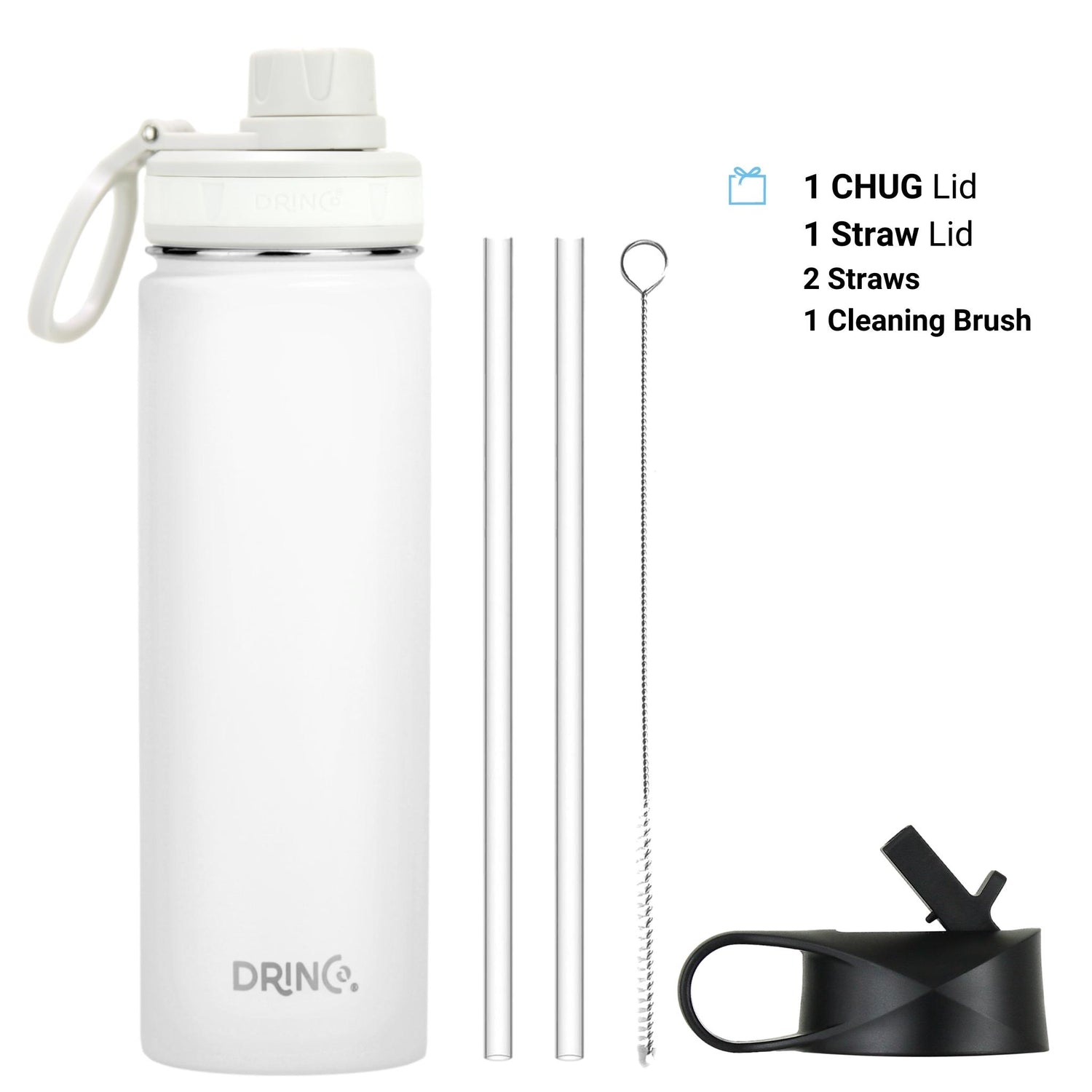 Orchid Lavender DRINCO 22oz stainless steel sport water bottle in Arctic White with a sleek, cylindrical design and screw-on lid