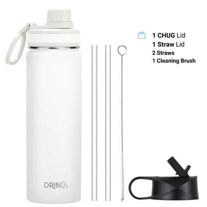 Orchid Lavender DRINCO 22oz stainless steel sport water bottle in Arctic White with a sleek, cylindrical design and screw-on lid