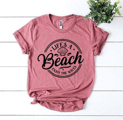 Agate Life’s a Beach Enjoy The Waves T-shirt with ocean wave graphic, casual fit, perfect for beach lovers and summer wear.