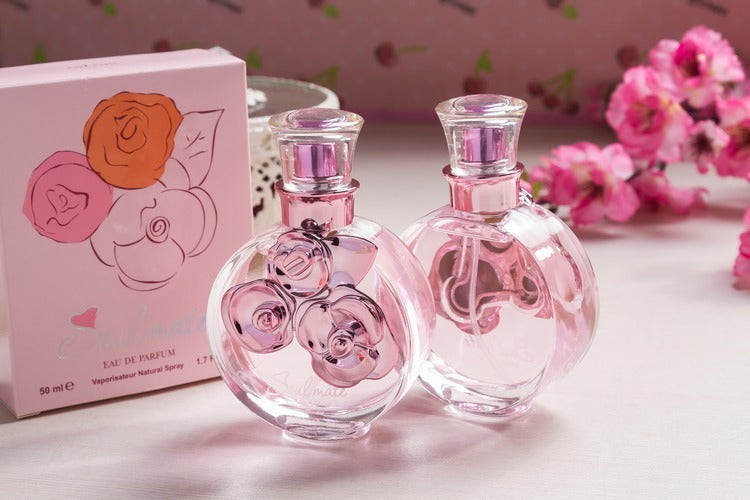 Carmine Juneberry Flower and Fruit Fragrance Soul Mate perfume 50ml bottle with floral and fruity design.