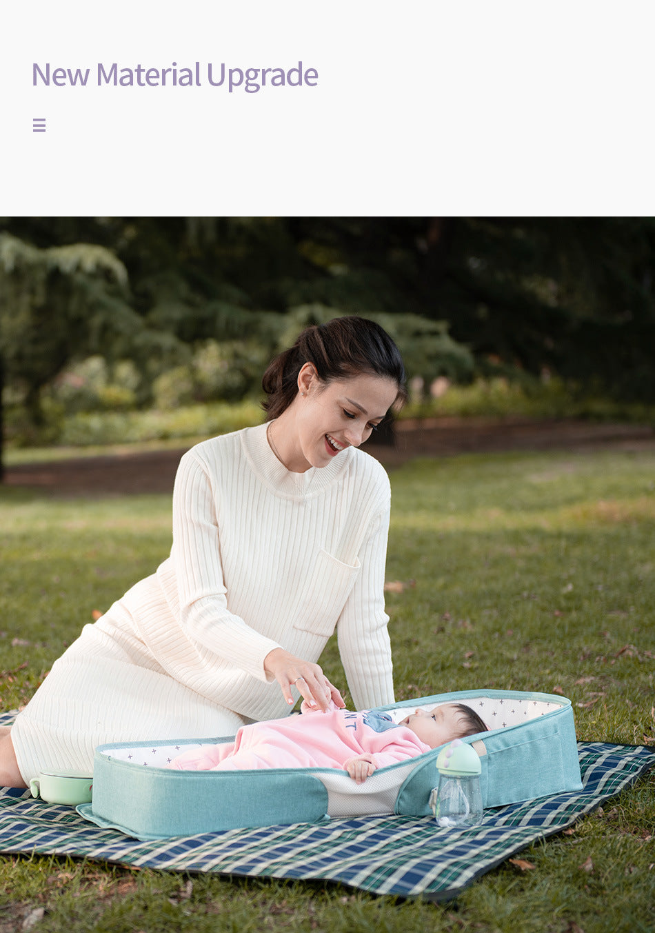 Soft baby portable bed bag by Teal Simba, foldable newborn travel crib with carry-on nest bed for convenient on-the-go comfort.