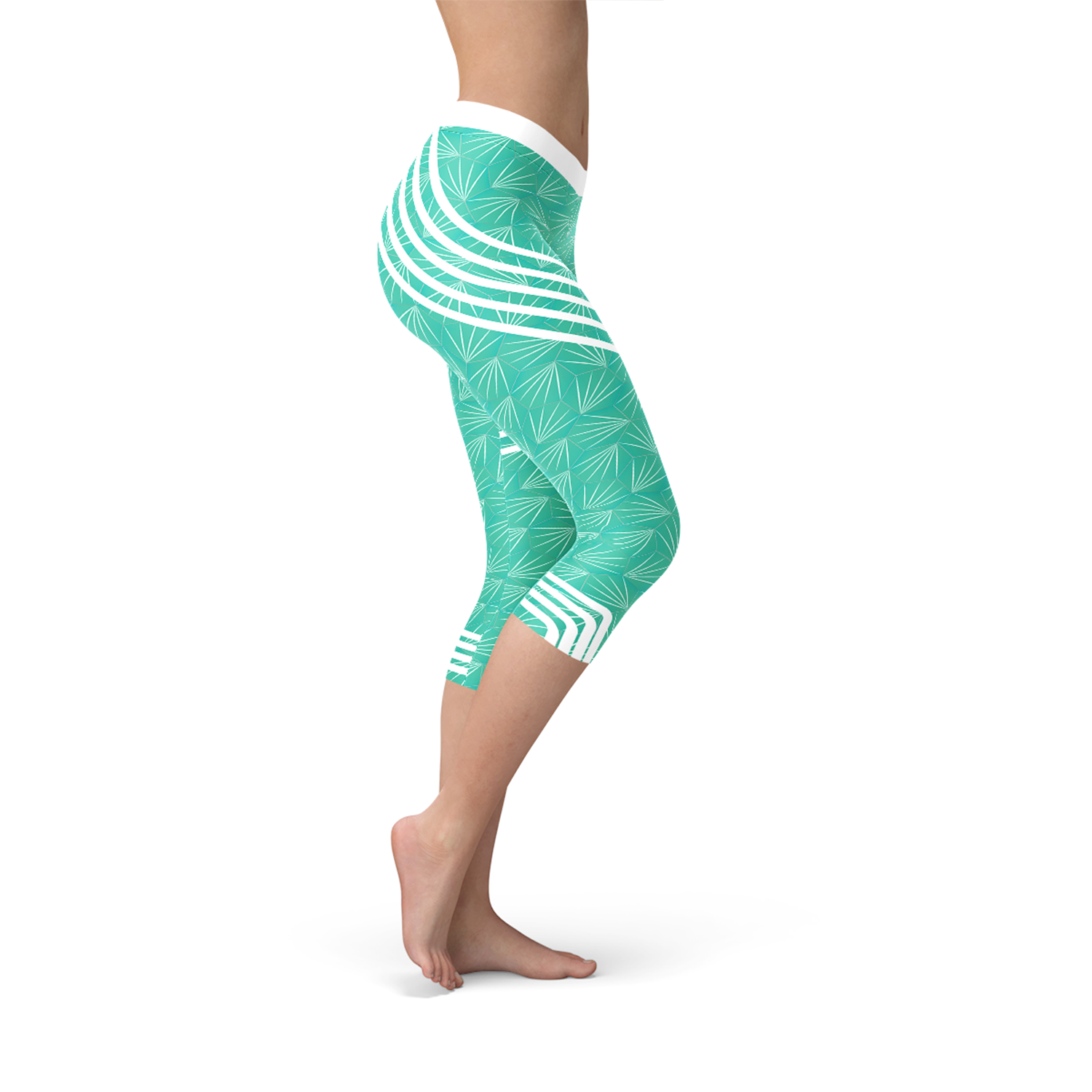 Turquoise Start2Finish sports capri leggings with elastic waistband and fitted athletic style, suitable for workout and active wear.