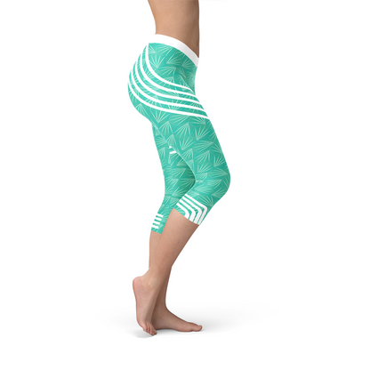 Turquoise Start2Finish sports capri leggings with elastic waistband and fitted athletic style, suitable for workout and active wear.