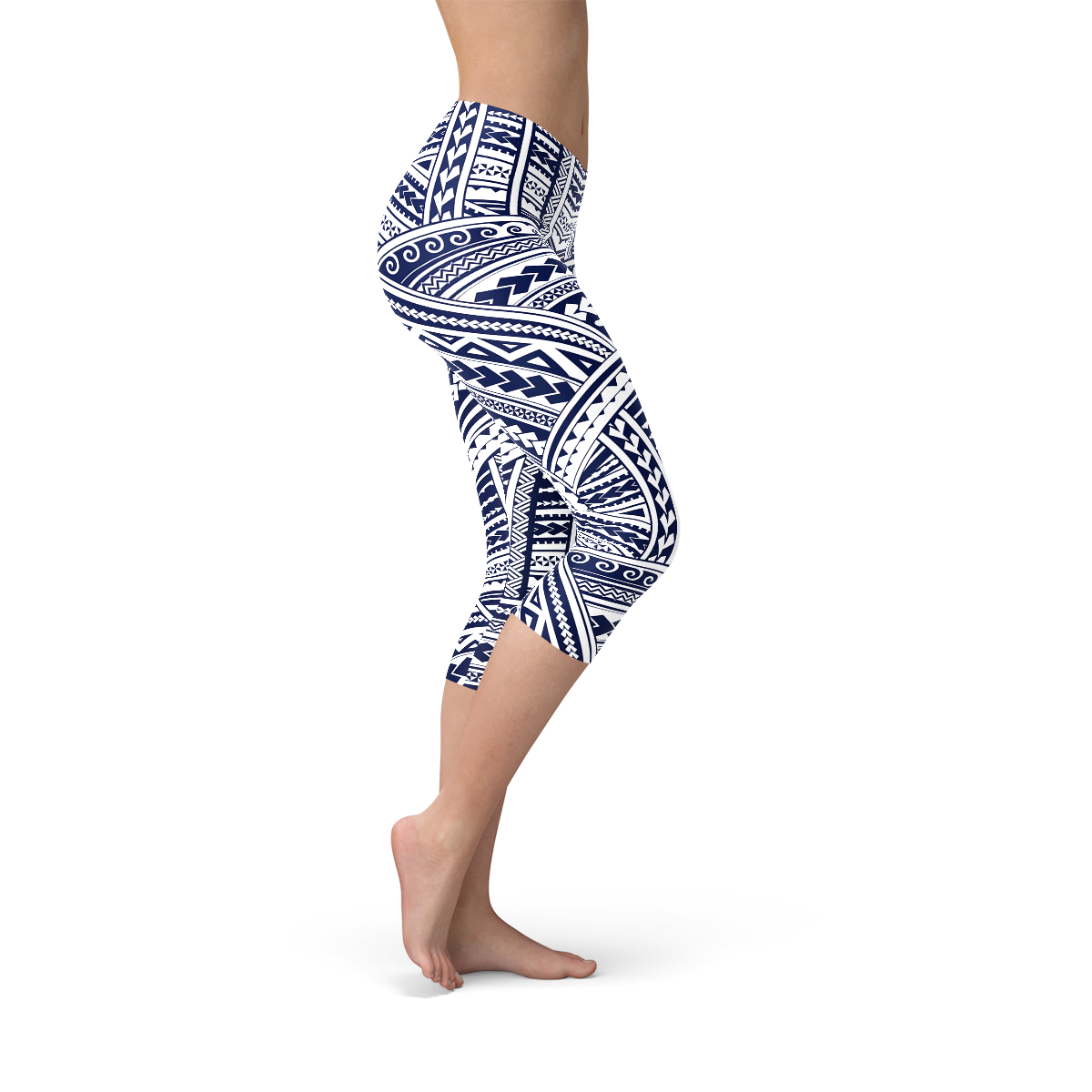 Maroon Sooty Polynesian Maori tattoo design on black Capri leggings, featuring traditional tribal patterns and bold cultural art.