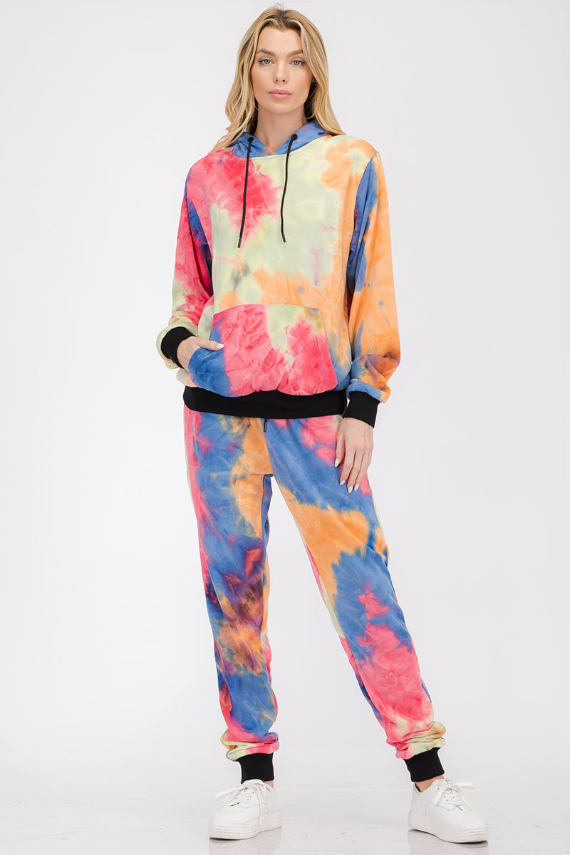 Women’s cotton tie-dye lounge wear sweat set by Lime Milo, featuring a comfortable matching top and pants in vibrant colors.