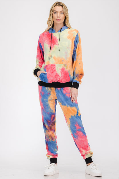 Women’s cotton tie-dye lounge wear sweat set by Lime Milo, featuring a comfortable matching top and pants in vibrant colors.