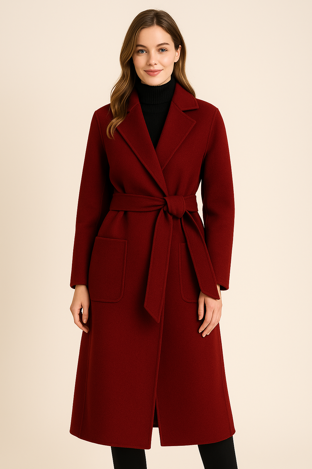 Korean wool coat for women by Carmine Juneberry, elegant autumn and winter jacket with a tailored fit and classic design.