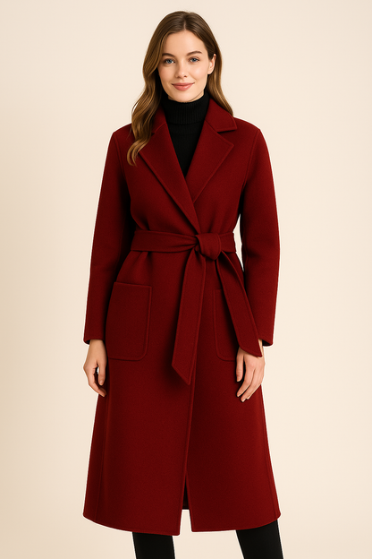 Korean wool coat for women by Carmine Juneberry, elegant autumn and winter jacket with a tailored fit and classic design.