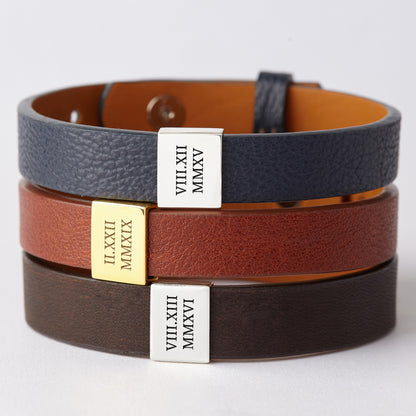 Leather bracelet with Roman numerals by Green Millie, featuring custom design, perfect for Valentine&