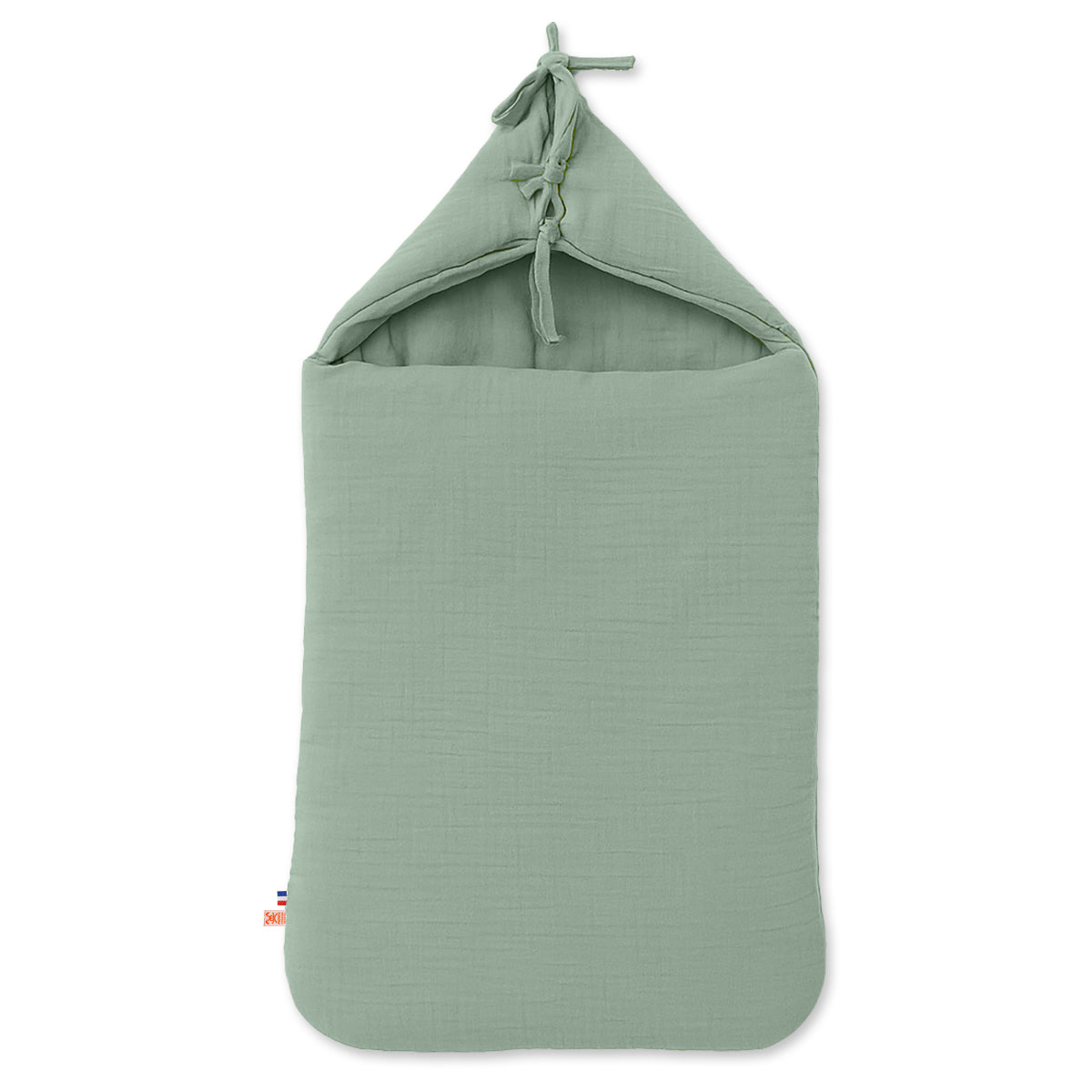 Green organic cotton bunting bag for kids and babies by Chocolate Briseis, featuring soft fabric and playful design.