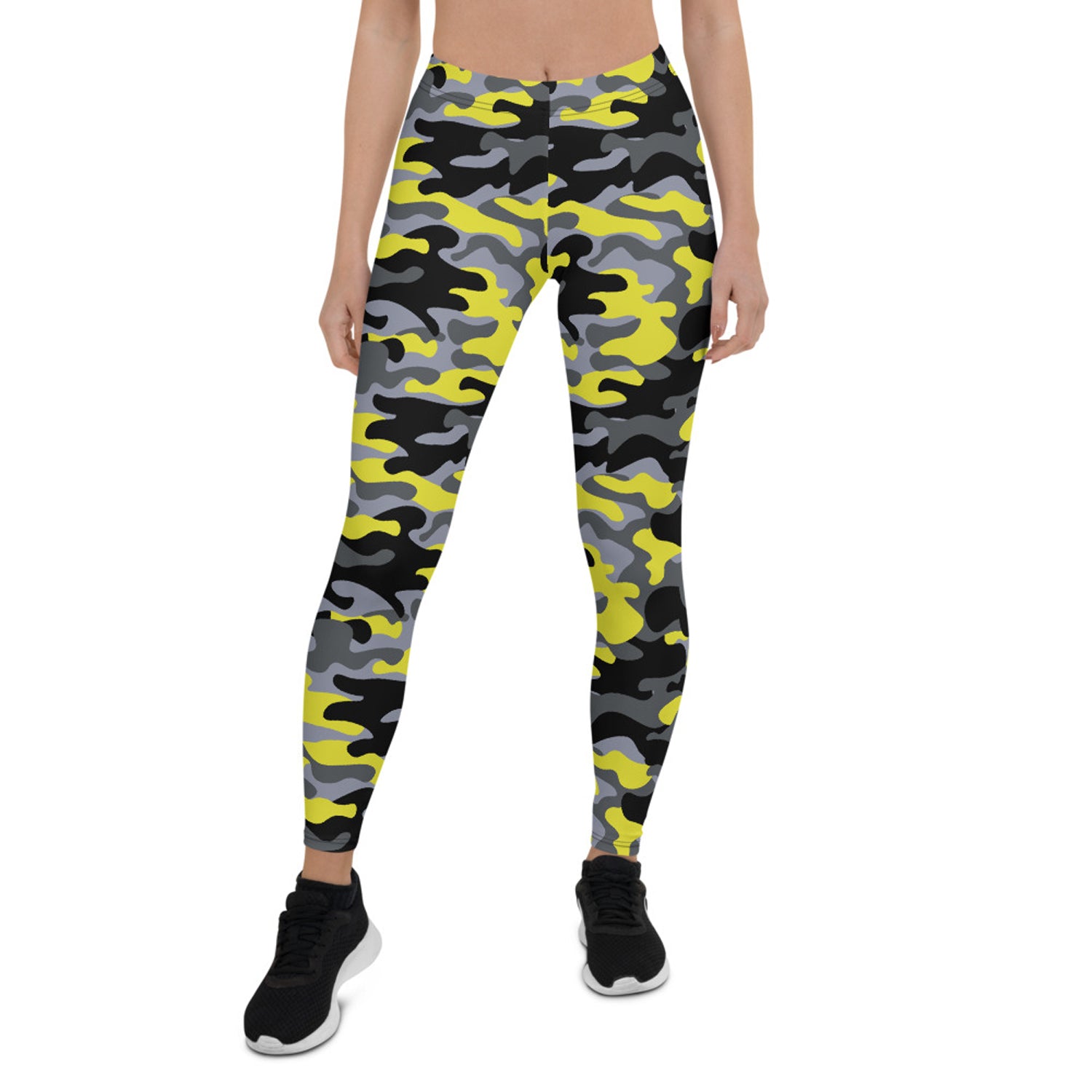 Maroon Sooty yellow and gray camouflage leggings for women, activewear with a fitted waistband and vibrant camo pattern.