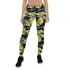 Maroon Sooty yellow and gray camouflage leggings for women, activewear with a fitted waistband and vibrant camo pattern.