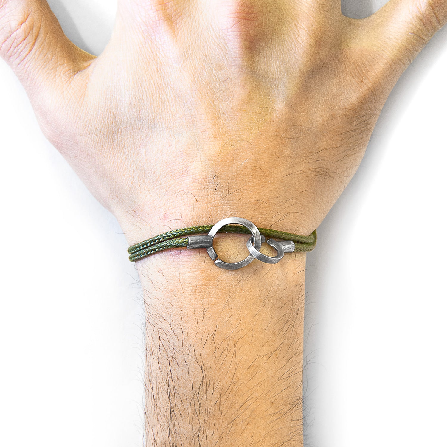 Khaki green Montrose silver and rope bracelet by Magenta Sooty featuring silver accents and woven rope design.