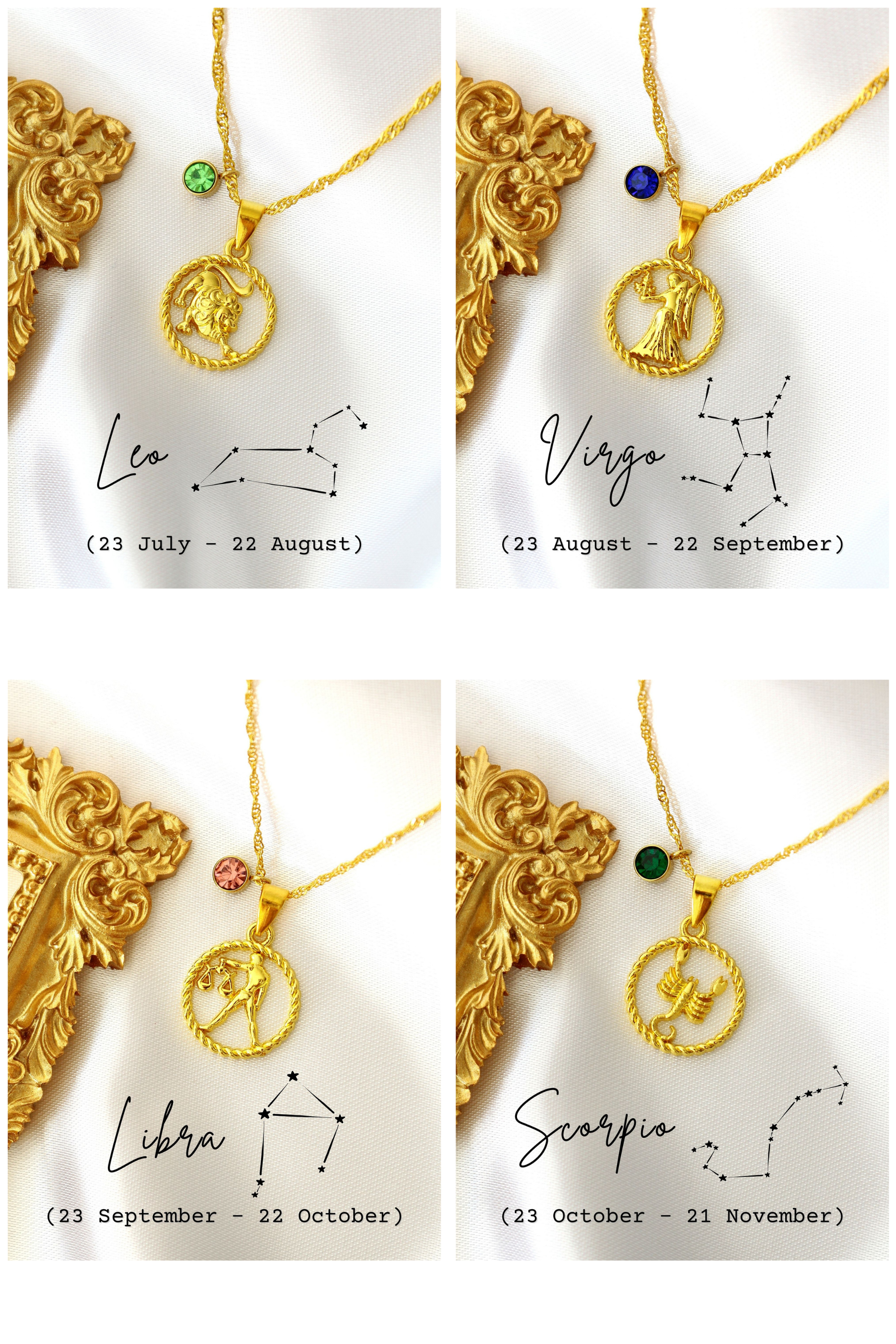 Ultramarine Birch 18K zodiac sign and birthstone necklace featuring a gold pendant with zodiac symbol and sparkling gemstone.