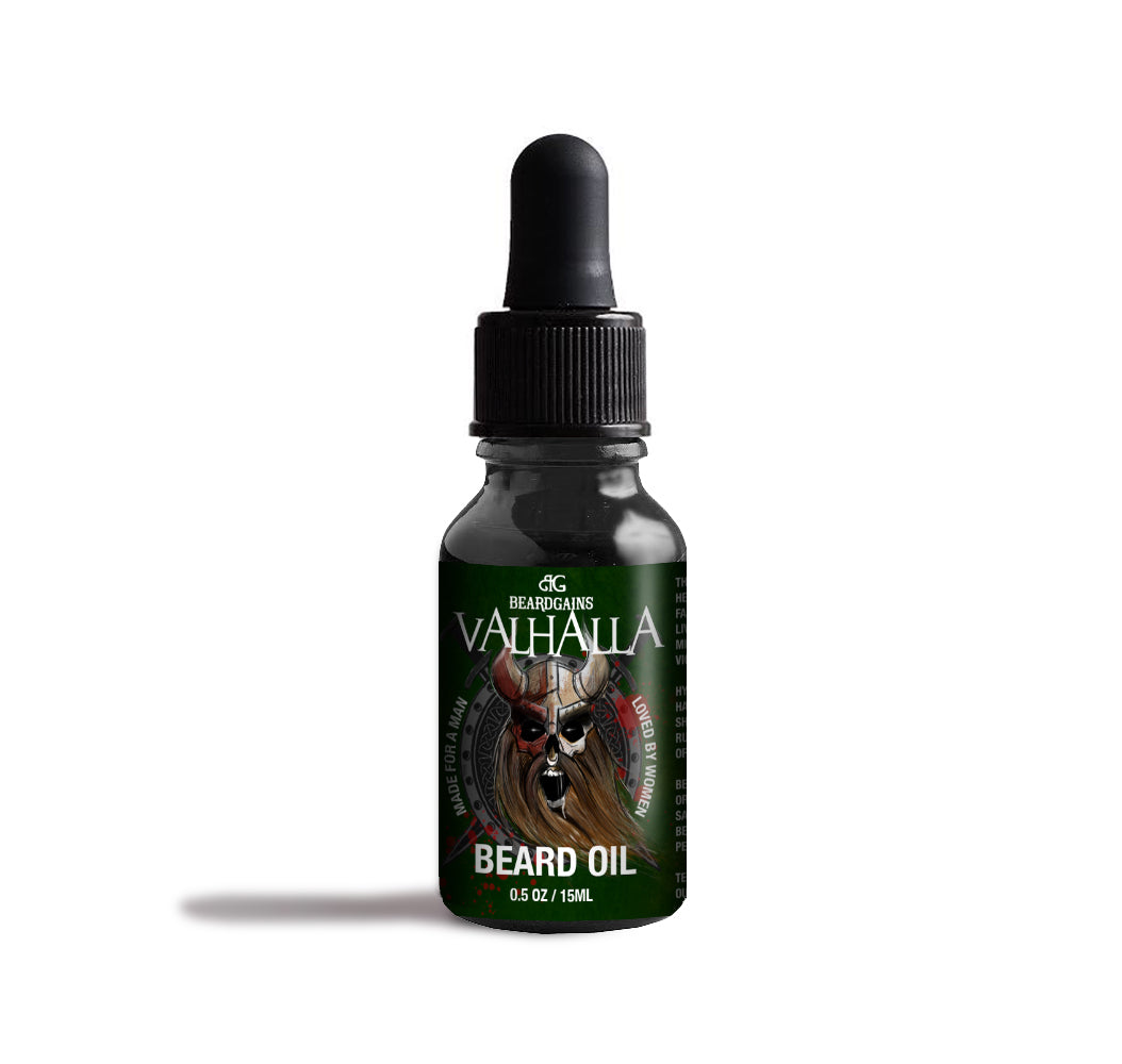 White Hercules Beard Gains Valhalla Viking Beard Oil bottle with label, haircare product for beard grooming and nourishment.