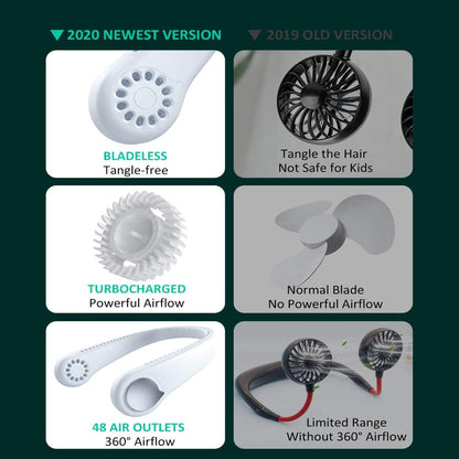 Teal Simba portable mini cooling fan, bladeless neck fan in sleek design, rechargeable tech accessory for summer cooling.