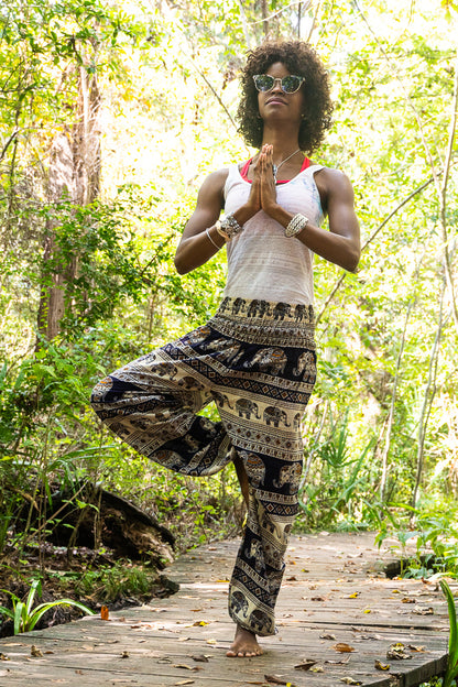 Black Tan Smokey Elephant pants for women, boho and hippie style yoga pants with relaxed fit and playful elephant print.