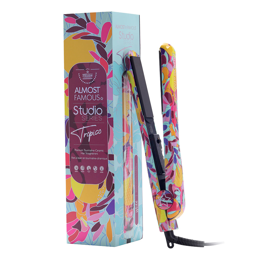 Sky Blue Thrace Almost Famous 1.25" Tropico Studio Flat Iron with Waterprint design for sleek hair styling.