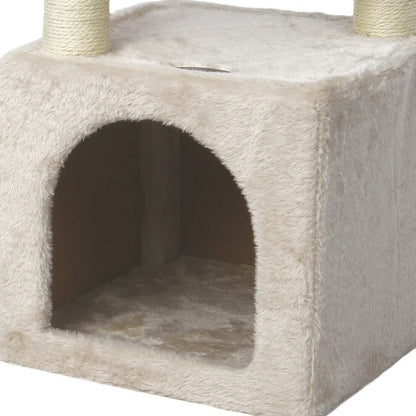 Yellow Pandora cat tree house tower with multiple platforms and cozy hideouts for cats to climb and rest.