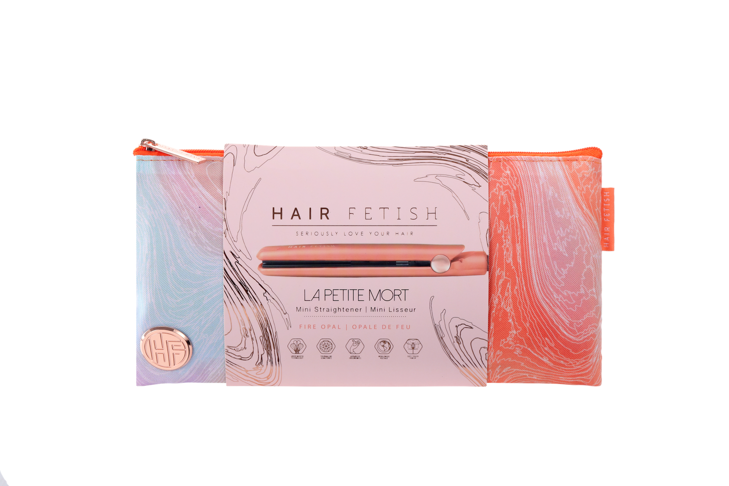 Sky Blue Thrace Hair Fetish Mini Flat Iron with sleek design and designer travel pouch for easy styling on the go