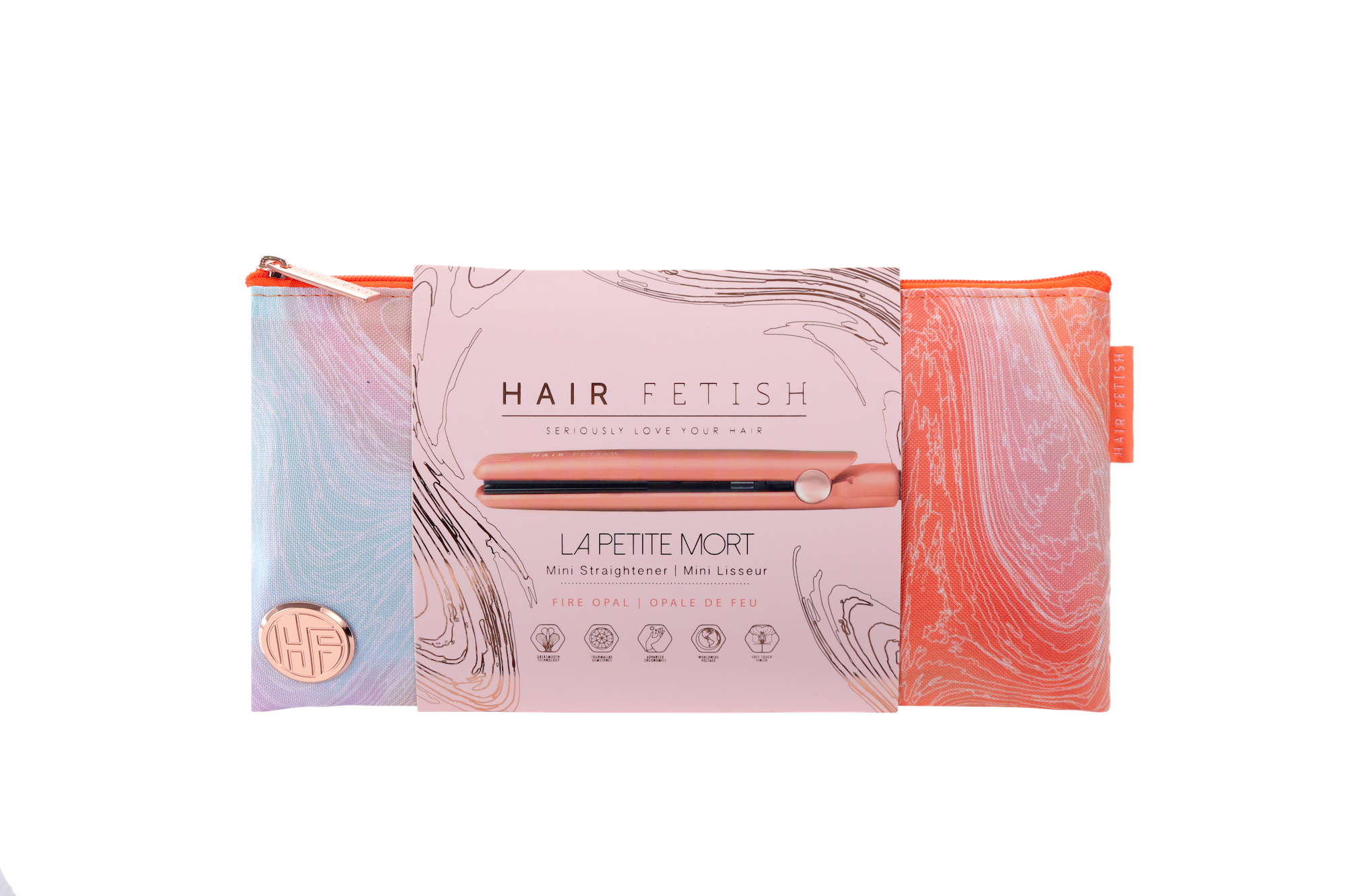 Sky Blue Thrace Hair Fetish Mini Flat Iron with sleek design and designer travel pouch for easy styling on the go