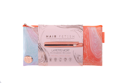 Sky Blue Thrace Hair Fetish Mini Flat Iron with sleek design and designer travel pouch for easy styling on the go