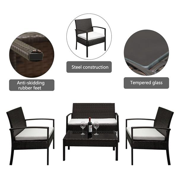 Four-piece rattan patio furniture set by Lilac Milo featuring woven rattan chairs and a matching table for outdoor relaxation.