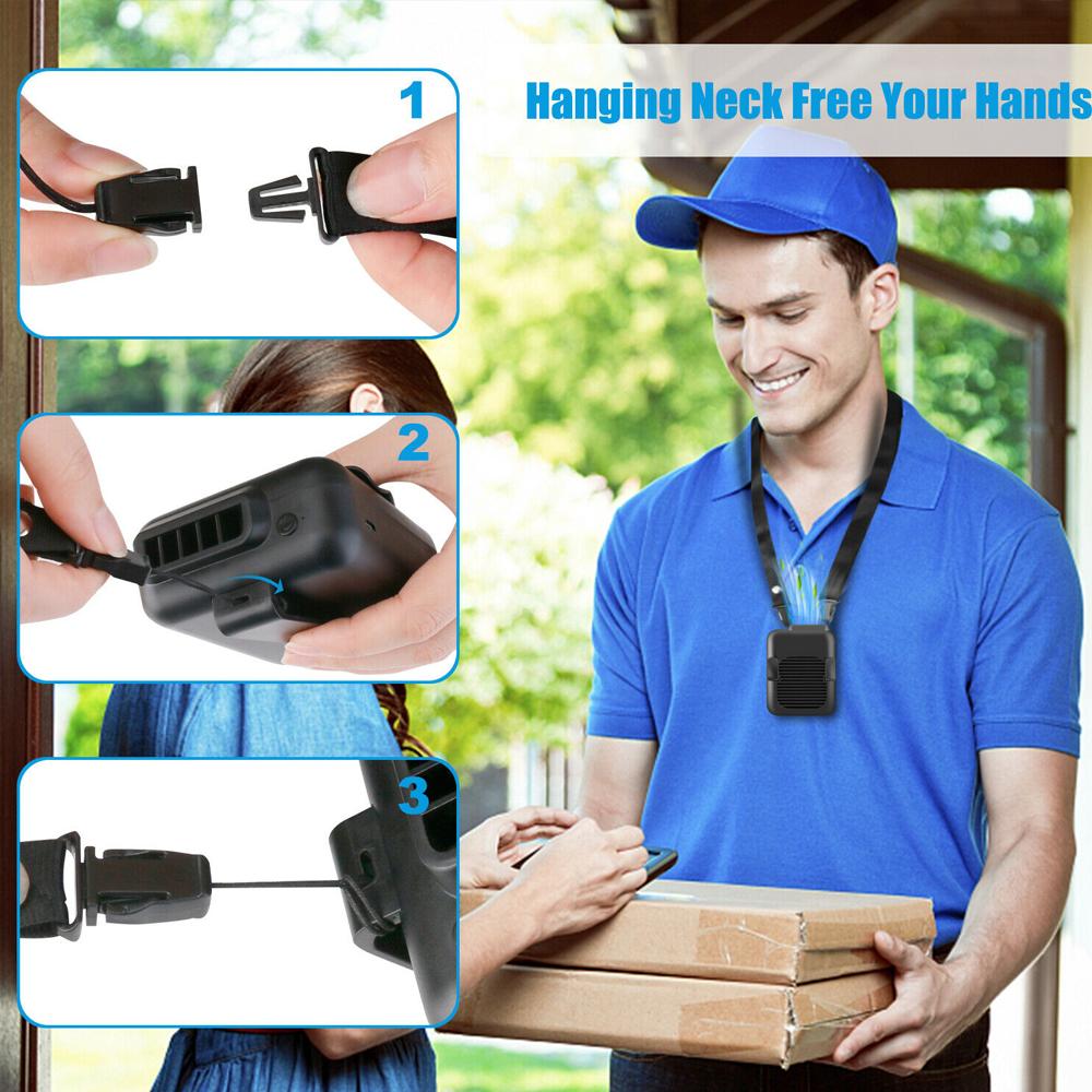 Yellow Pandora portable compact cooling fan hanging handsfree with waist clip, ideal for sports and outdoor activities.