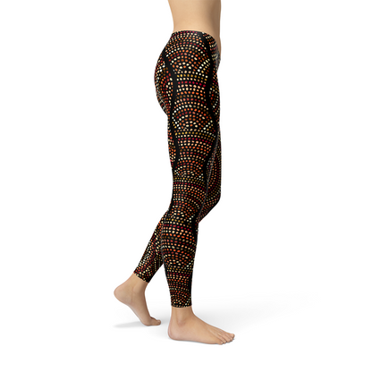 Women’s polka dots Aboriginal artwork leggings by Maroon Sooty, featuring vibrant patterns and comfortable fit.