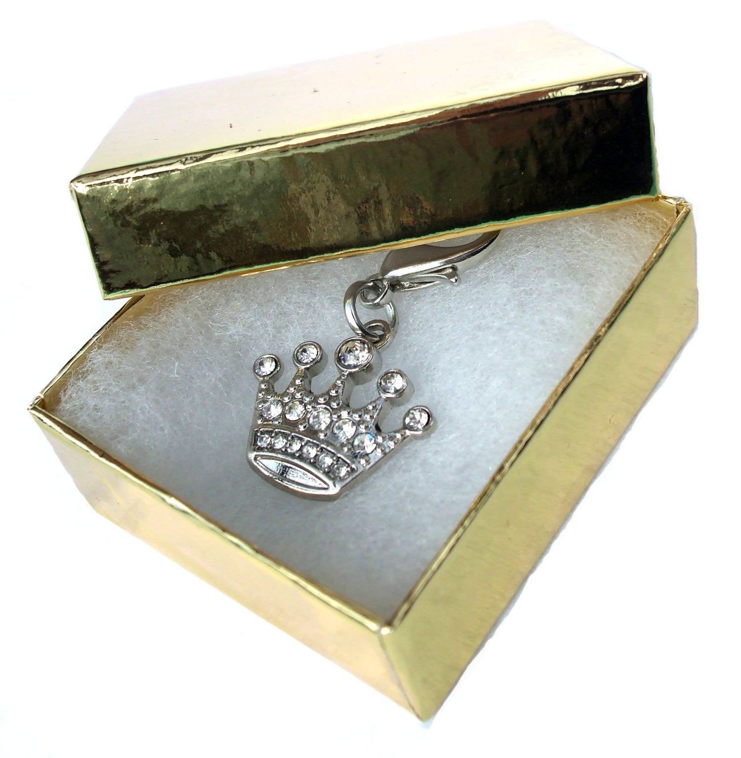 Silver crystal crown charm for dogs and cats by Salmon Oscar, featuring sparkling stones and a regal design suitable for pets.