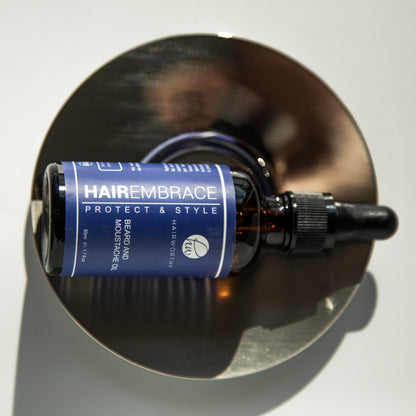 Black Sugarplum Hairworthy Hairembrace Beard Oil bottle, bath and beauty product with a sleek design and black cap.