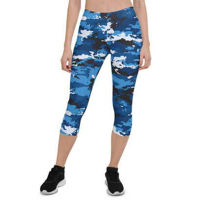 Blue camo Capri leggings for women by Maroon Sooty, activewear with a fitted design and comfortable stretch fabric.