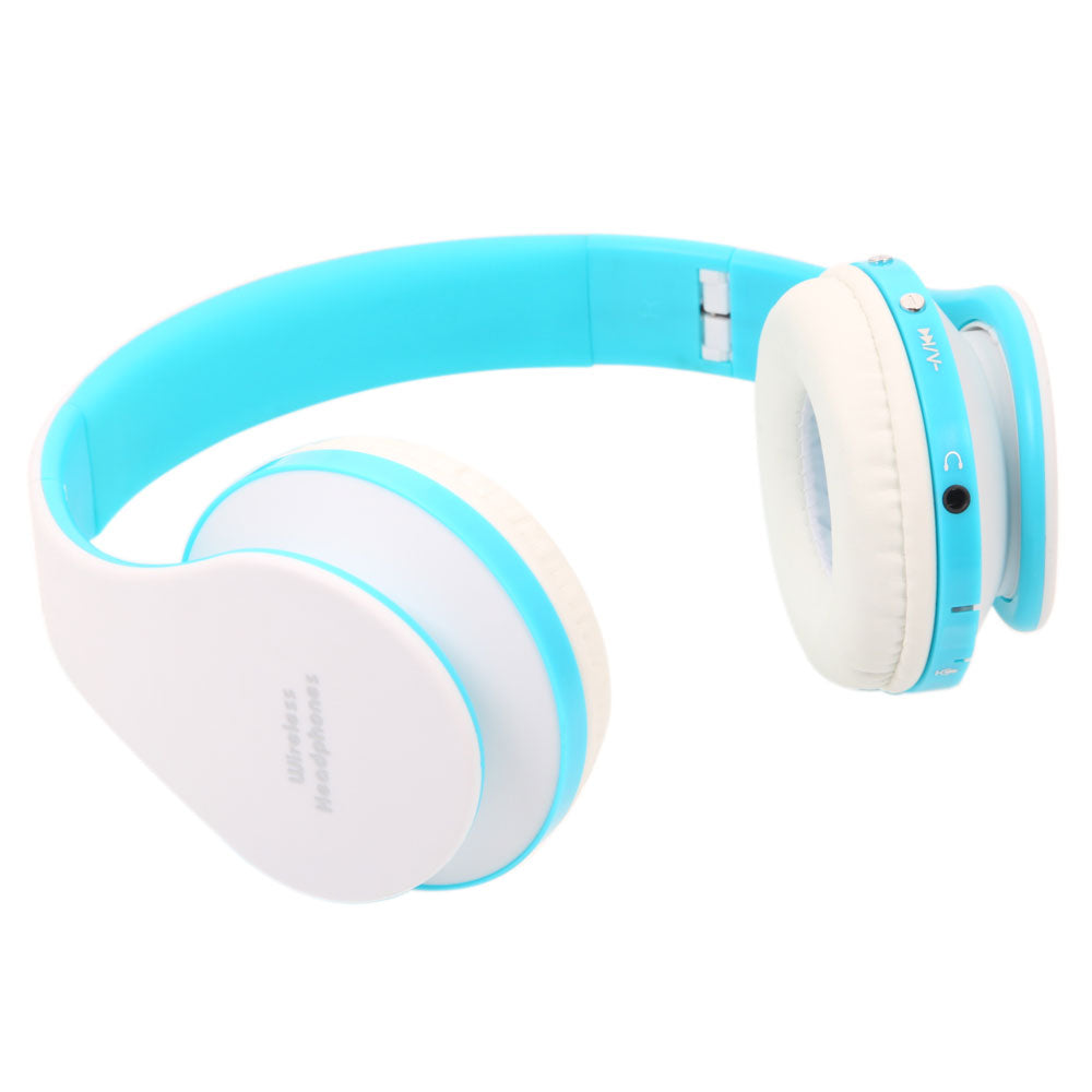 Lilac Milo foldable wireless Bluetooth headset with microphone, showing sleek black ear cups and adjustable headband for audio and video use.