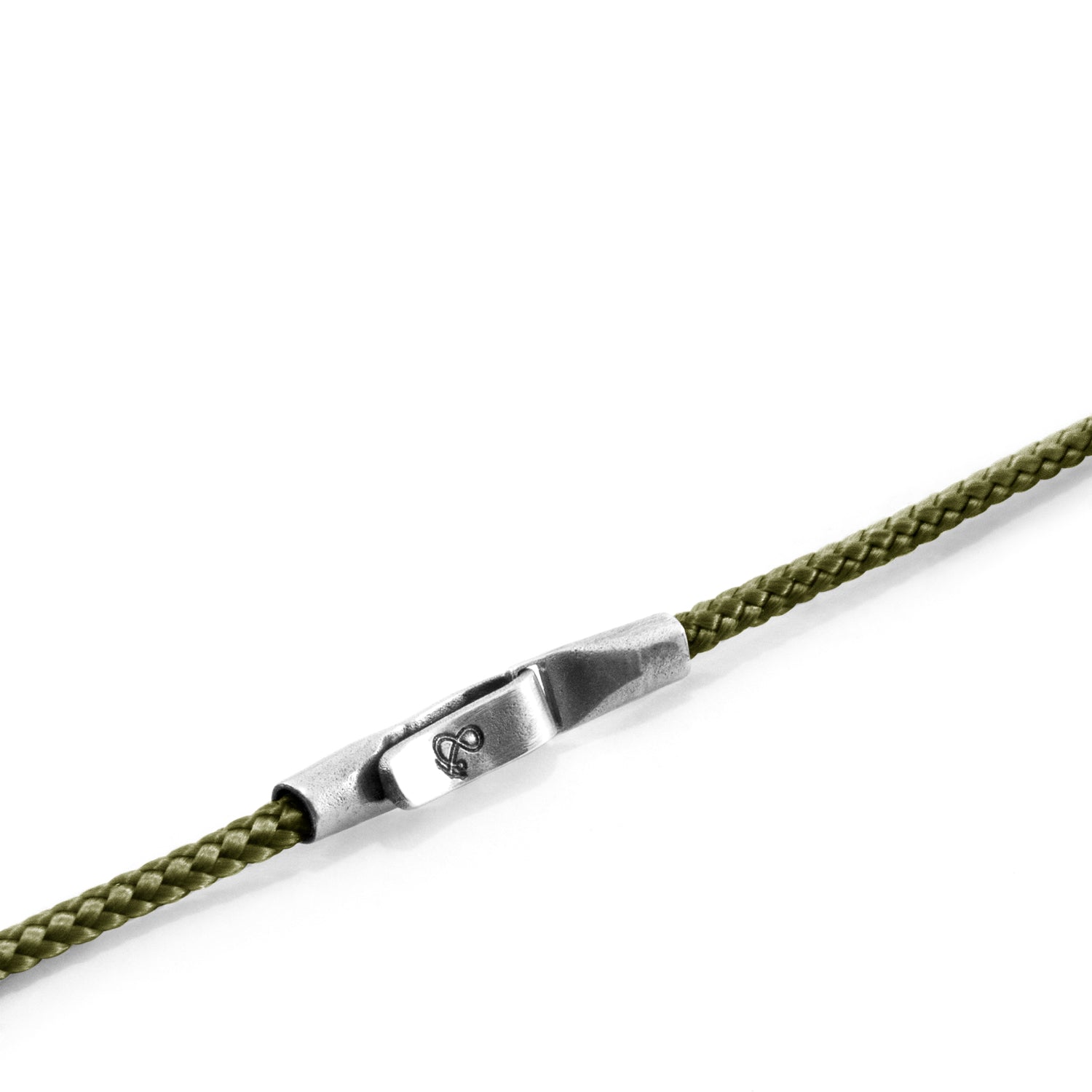 Khaki green Liverpool silver and rope bracelet by Magenta Sooty featuring a stylish design with silver accents and woven rope details.
