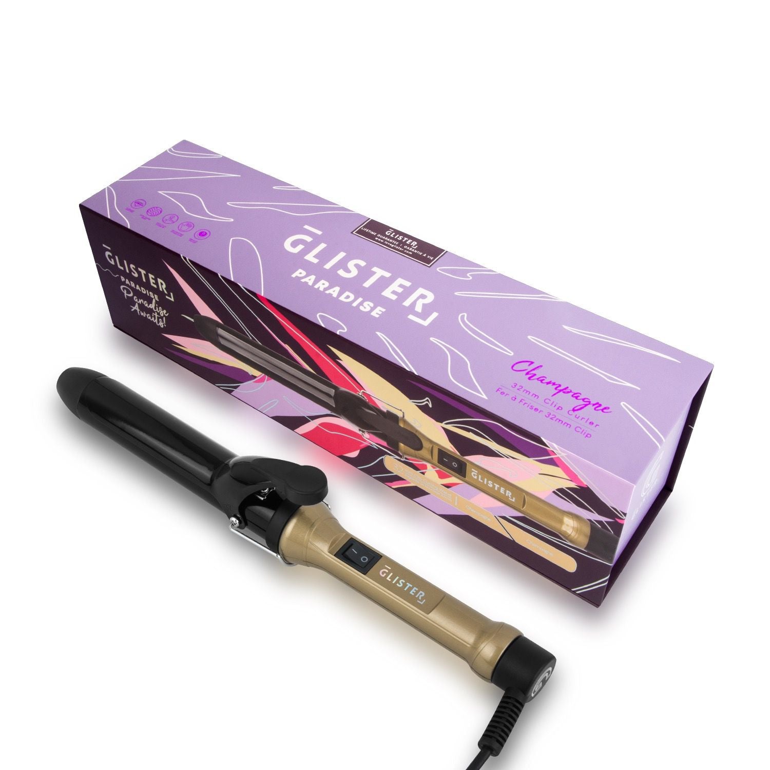 Sky Blue Thrace Paradise 32mm Max Volume Clip Curler in champagne, showing the curling clip and textured barrel for hair styling.