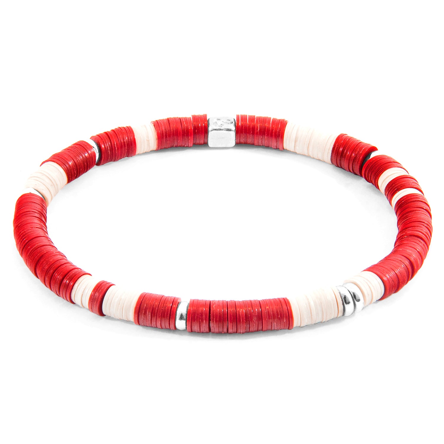 Red Malawi silver and vinyl disc bracelet by Magenta Sooty featuring colorful, layered circular charms on a silver chain.