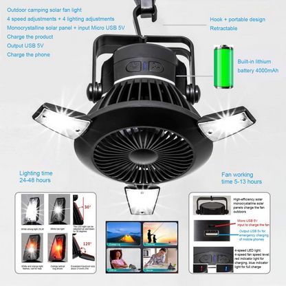 Lilac Milo foldable fan and portable LED solar camping lantern with hook, ideal for outdoor sports and camping activities