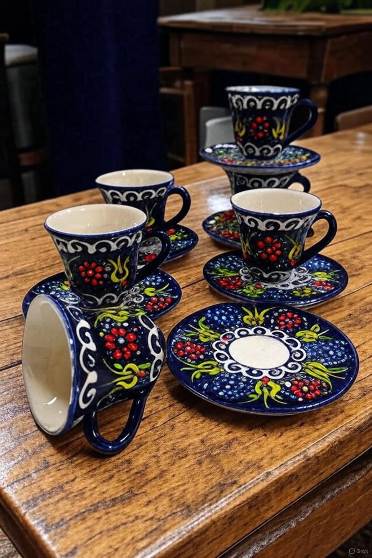 Handmade embossed ceramic coffee mugs for Turkish coffee or espresso by Ochre Juniper, featuring detailed patterns and a traditional design.